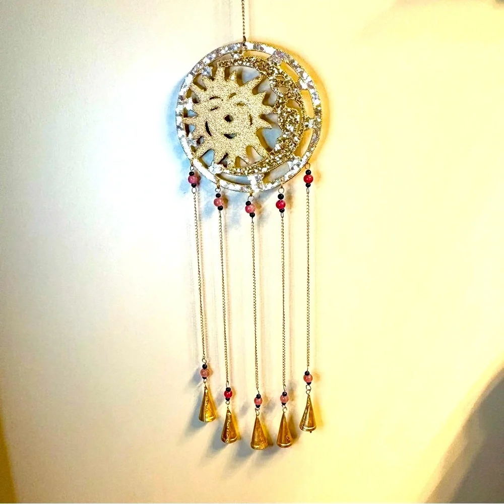Celestial Sun Moon Wall Hanging Wind Chimes with Sparkles, Bells and Mirrors